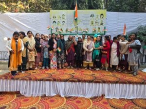 Group celebration with Indian flags.