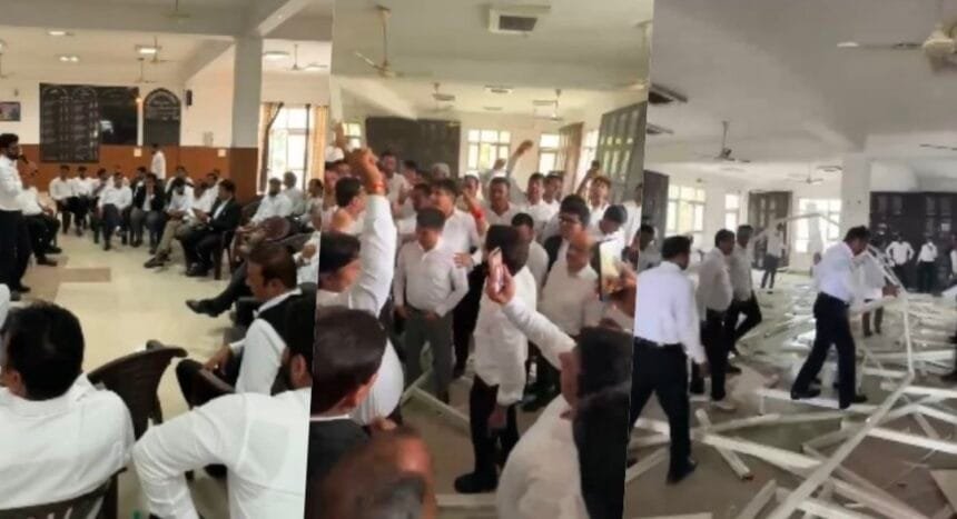 ग्रेटर नोएडा: सूरजपुर कोर्ट में चैंबर निर्माण को लेकर वकीलों में जबरदस्त हंगामा, शिलापट तोड़ा; सामान फेंकने से तनाव